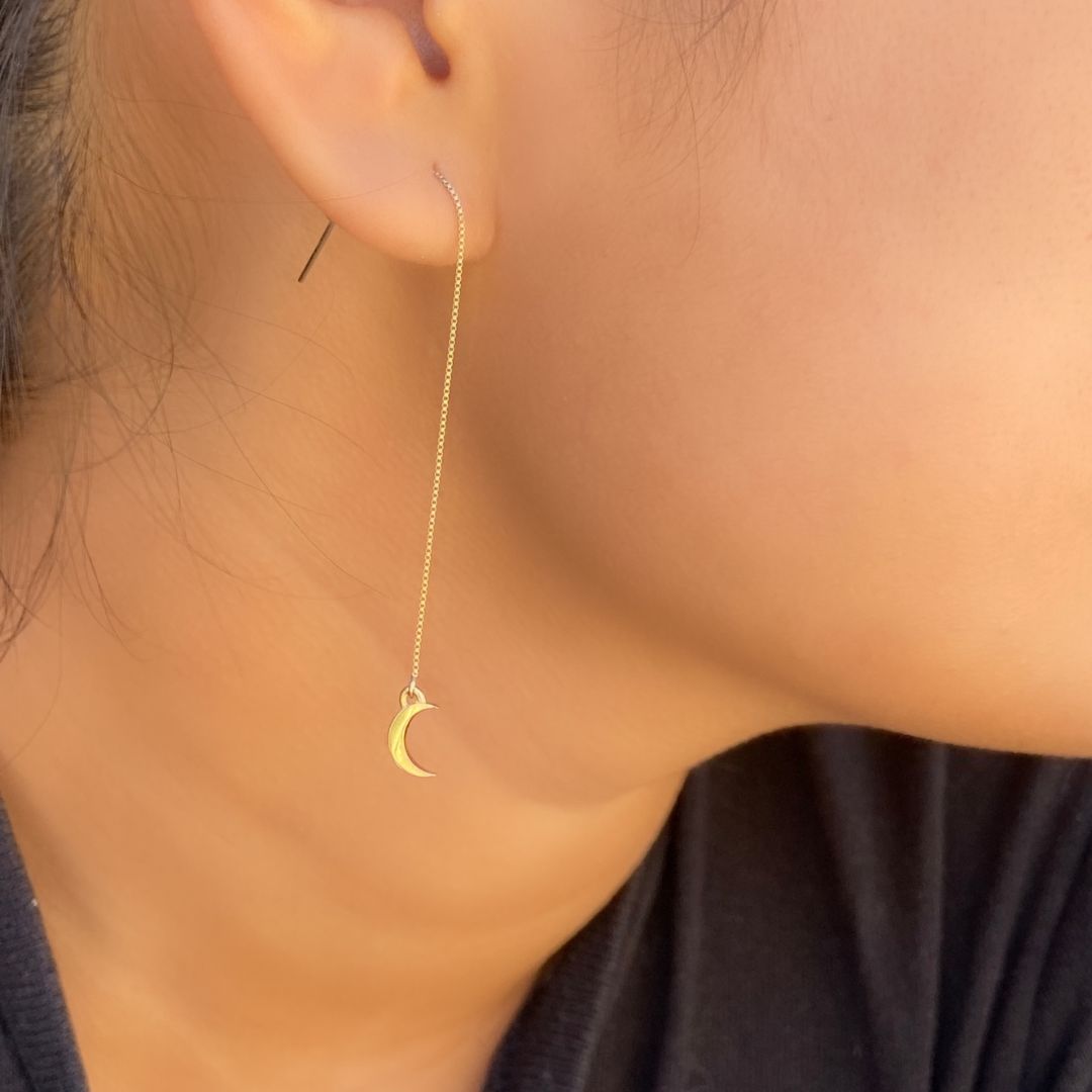 Crescent Moon Threader Earrings in 14k Gold - Mazi New York-jewelry