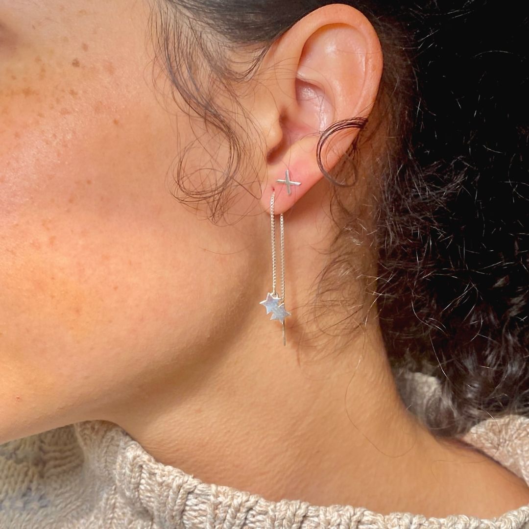 Double Star Threader Earring in Sterling Silver (single earring) - Mazi New York-jewelry