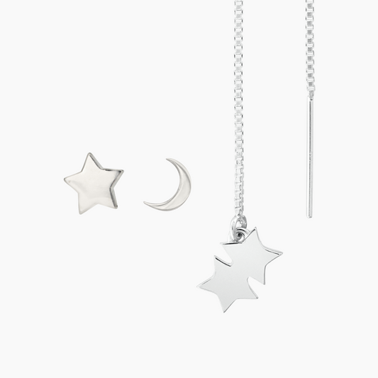 Moon + Shooting Stars Earrings in Sterling Silver